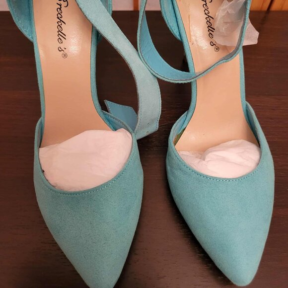 Aqua Pointed Toe Heels with Ankle Strap - Picture 1 of 5